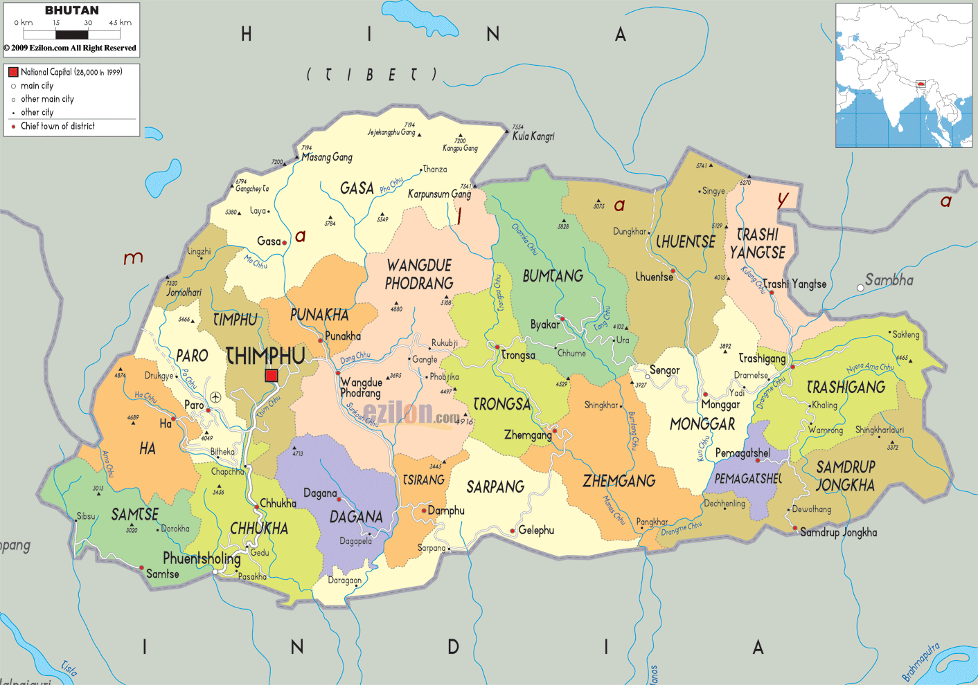 politisch karte von Bhutan